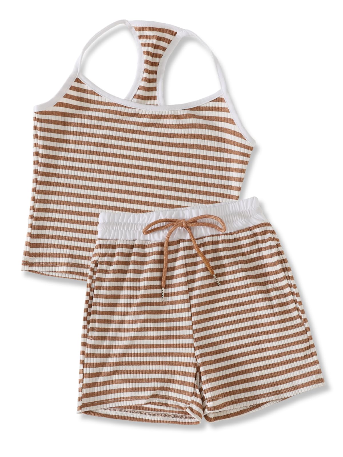Size 7-14Y Girls Clothes 2 Piece Outfits Striped Tank Top Drawstring Shorts Teen Girls Summer Clothing Sets