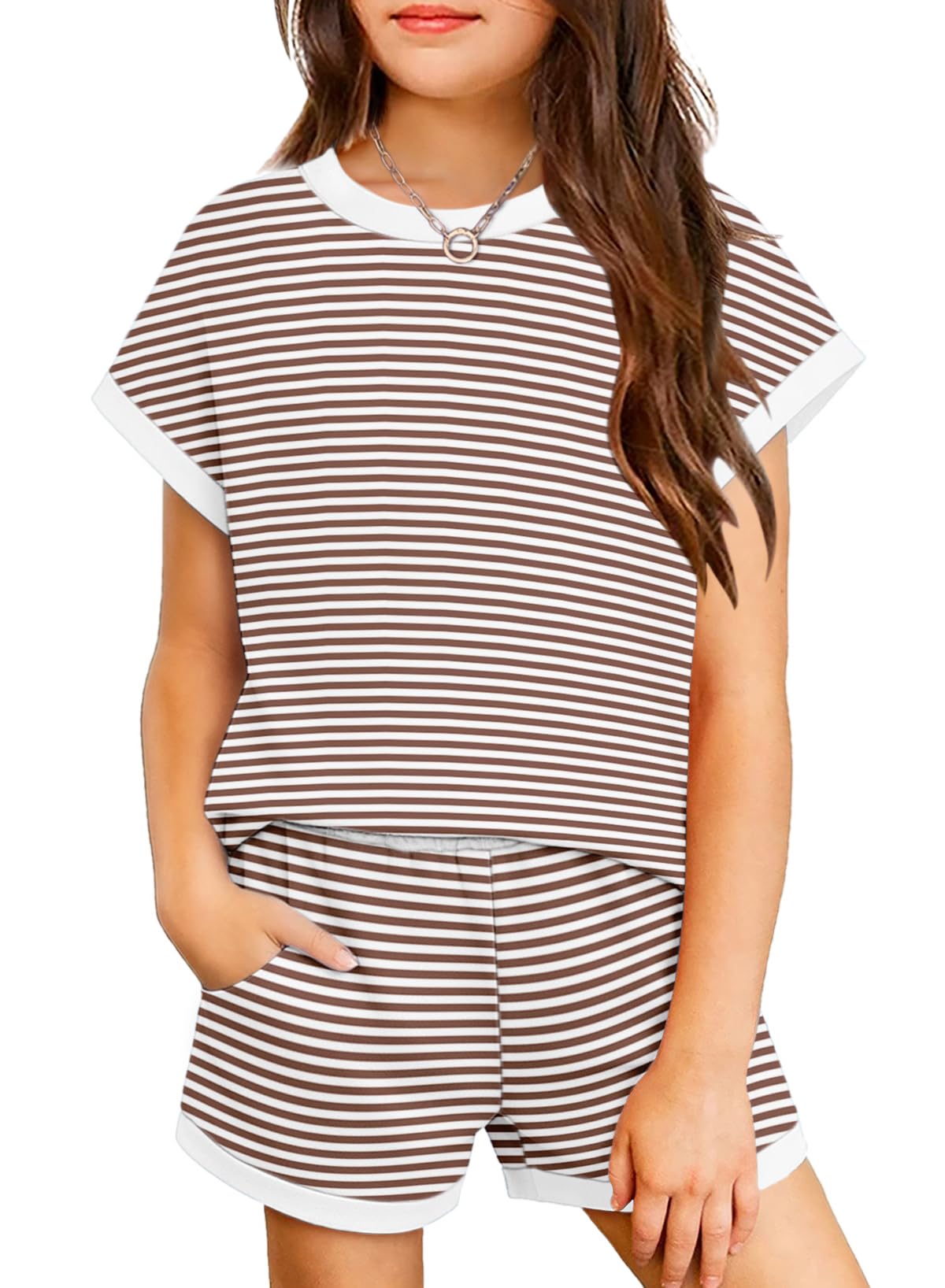 Arshiner Girls Summer 2 Piece Outfits Short Sleeve Shirts and Shorts Sets