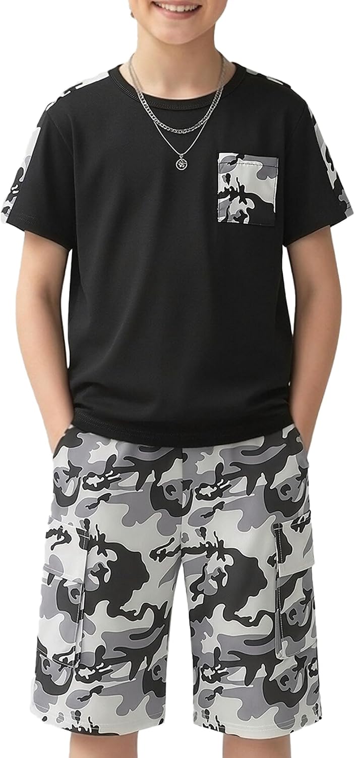 mksodopy Boys Summer Outfit Set 2 Piece T Shirt and Camo Shorts Casual Clothes for Little Big Boys