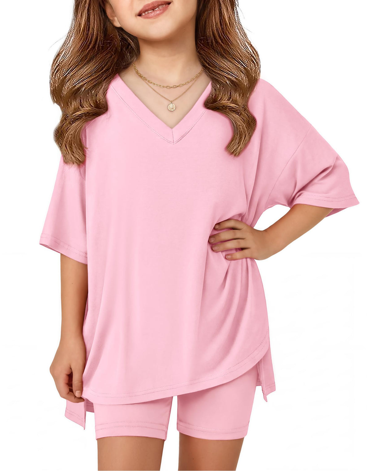 Arshiner Girls 2 Piece Summer Outfits Oversized V Neck Top Shorts Set