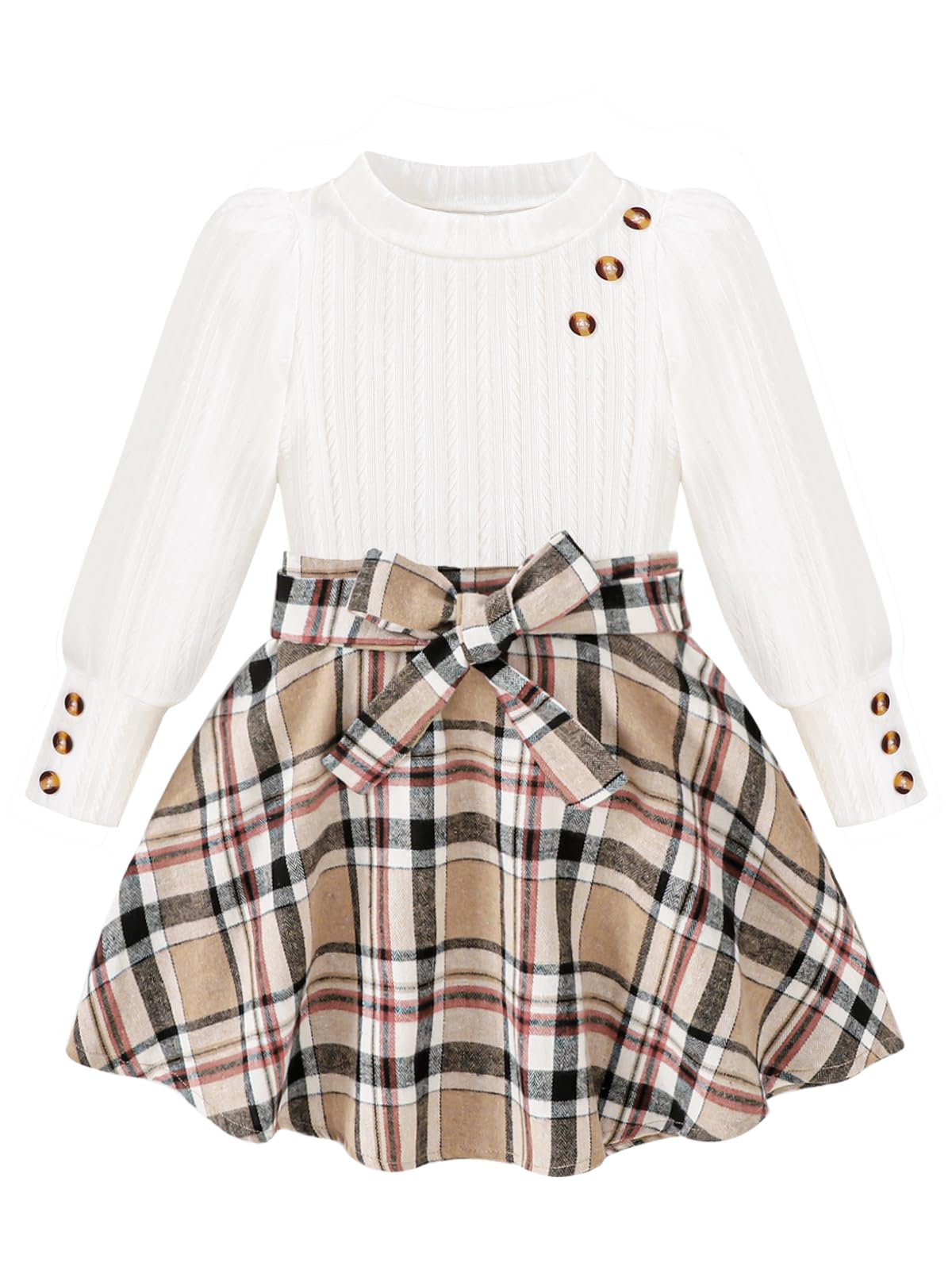 AMAWMW Girls Skirt Sets Fall Outfits Puff Sleeve Crewneck Ribbed Knit Tops and Plaid Skirt Set Kids Fall Winter Clothes