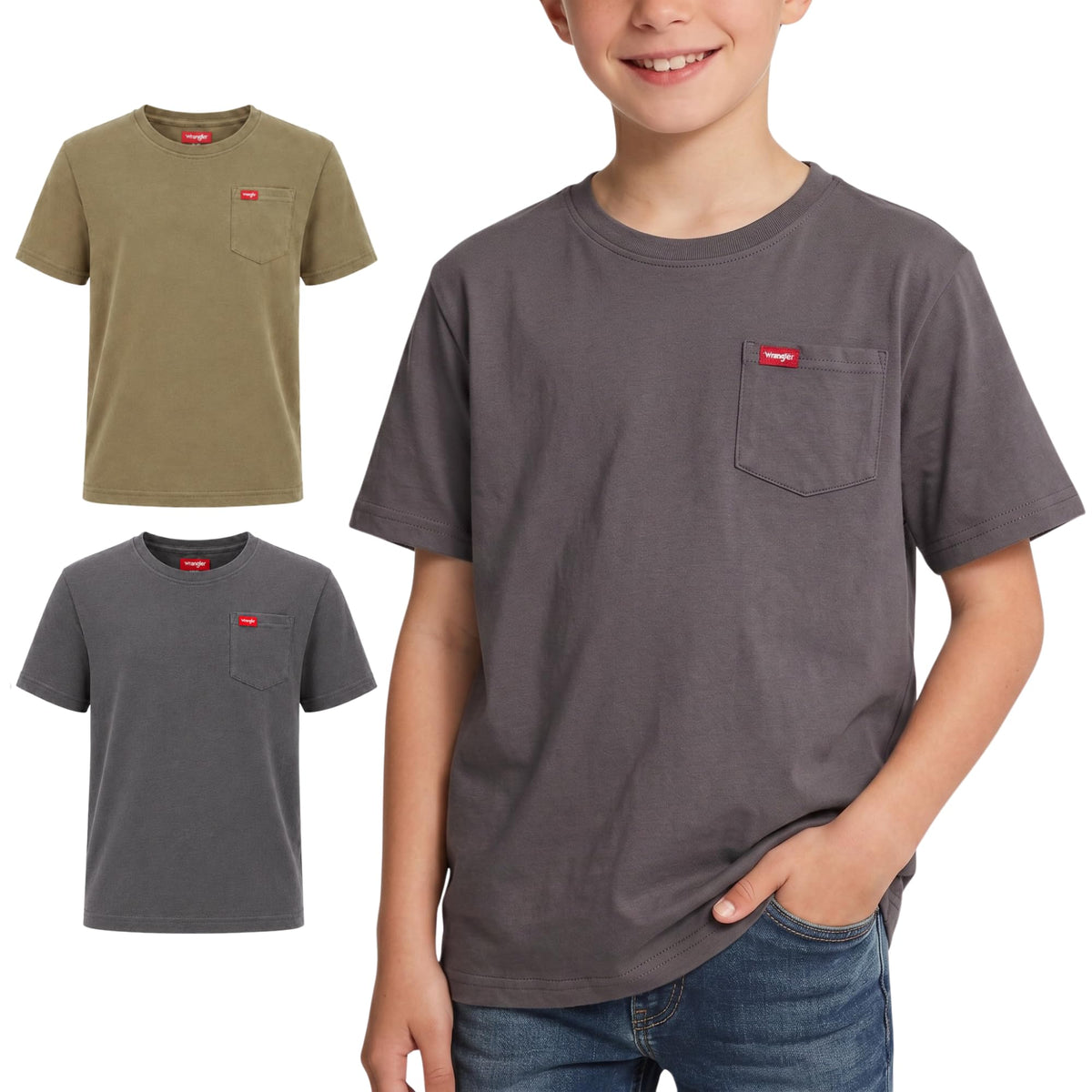 Wrangler Boys T Shirts 2-Pack - Crew Neck Pocket Tee, Soft Cotton Blend