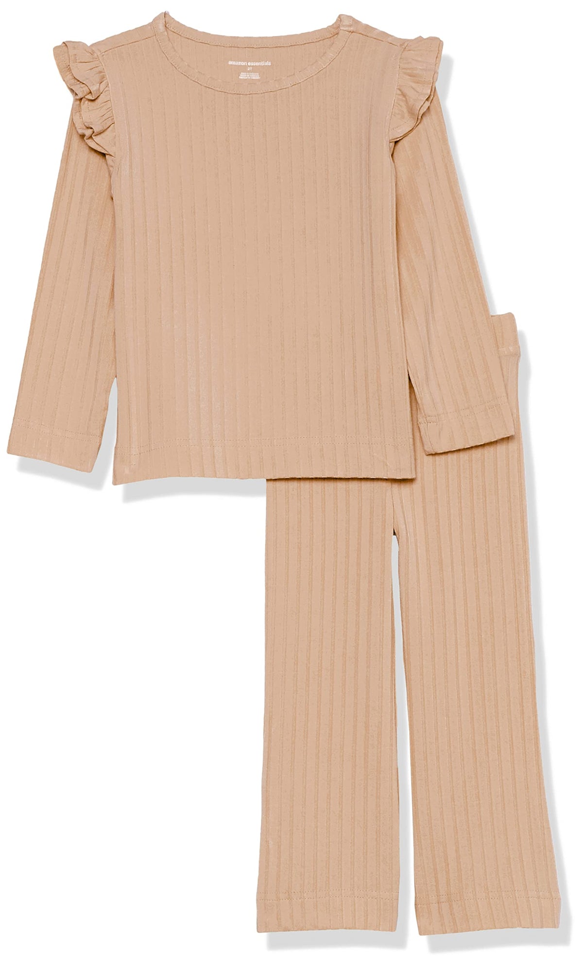 Amazon Essentials Girls' Wide-Rib Ruffle Top and Flare Pants Outfit Set, Pack of 2