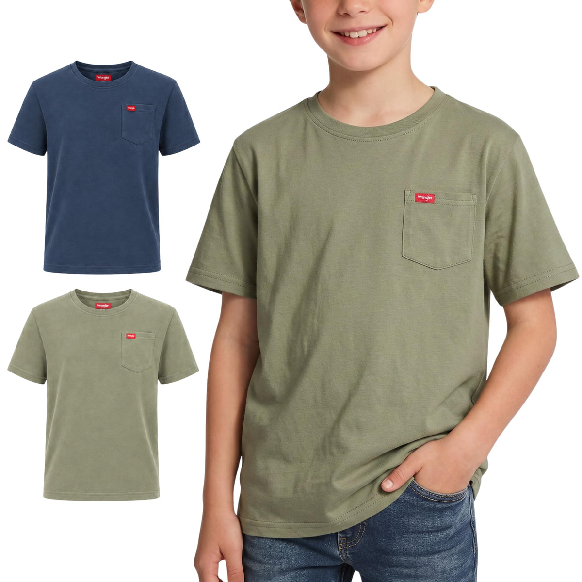 Wrangler Boys T Shirts 2-Pack - Crew Neck Pocket Tee, Soft Cotton Blend