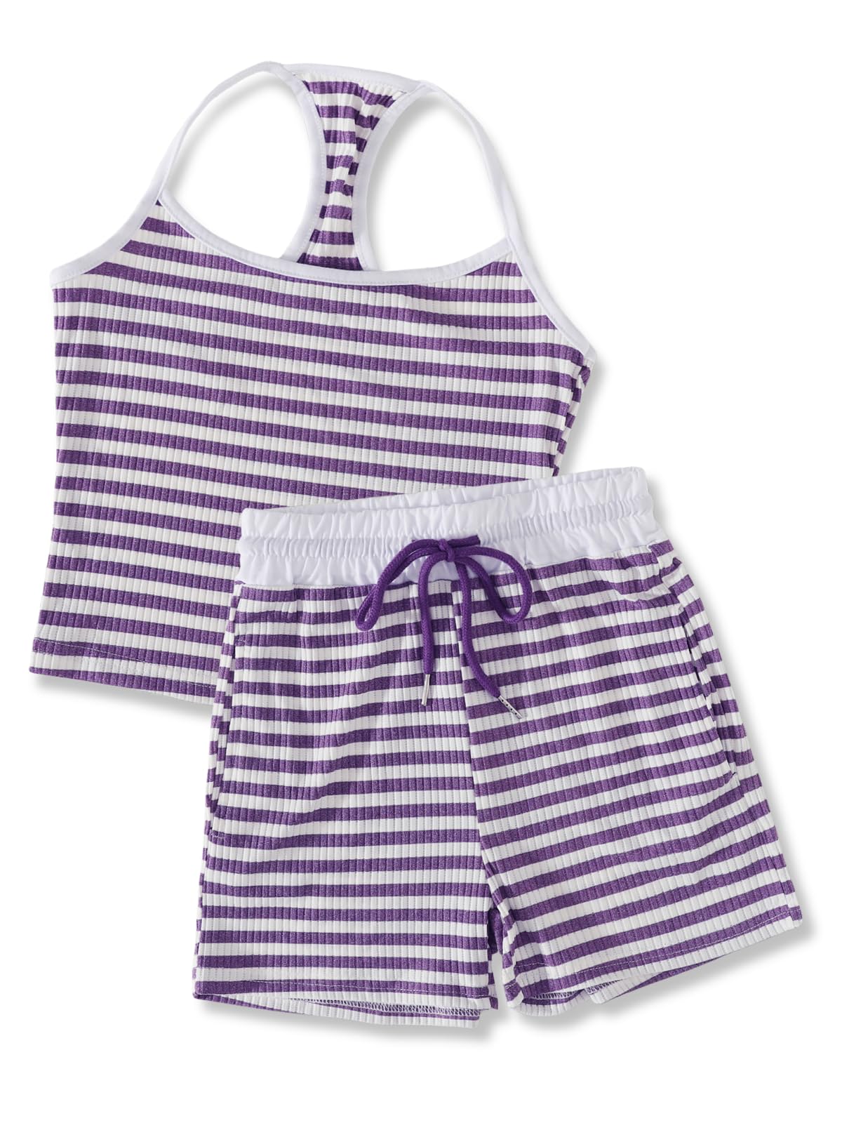 Size 7-14Y Girls Clothes 2 Piece Outfits Striped Tank Top Drawstring Shorts Teen Girls Summer Clothing Sets