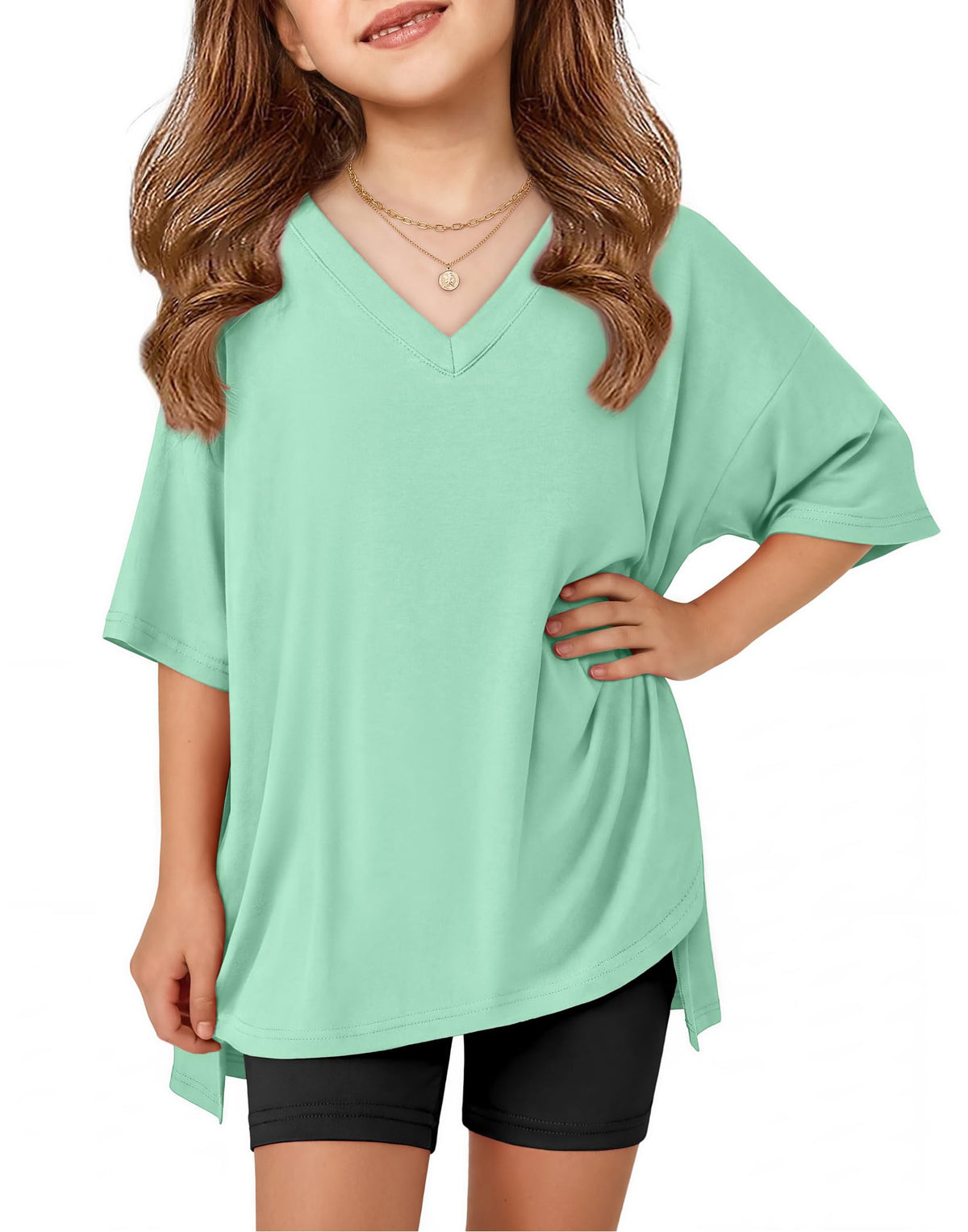 Arshiner Girls 2 Piece Summer Outfits Oversized V Neck Top Shorts Set