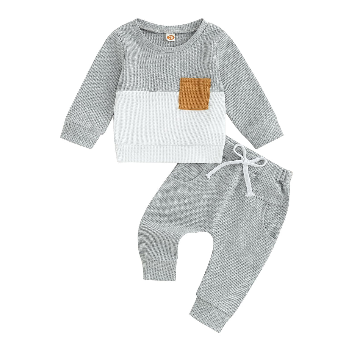 Toddler Baby Boy Fall Outfit Long Sleeve Crew Neck Contrast Color Sweatshirt Top Pant Cute Newborn Infant Waffle Clothes