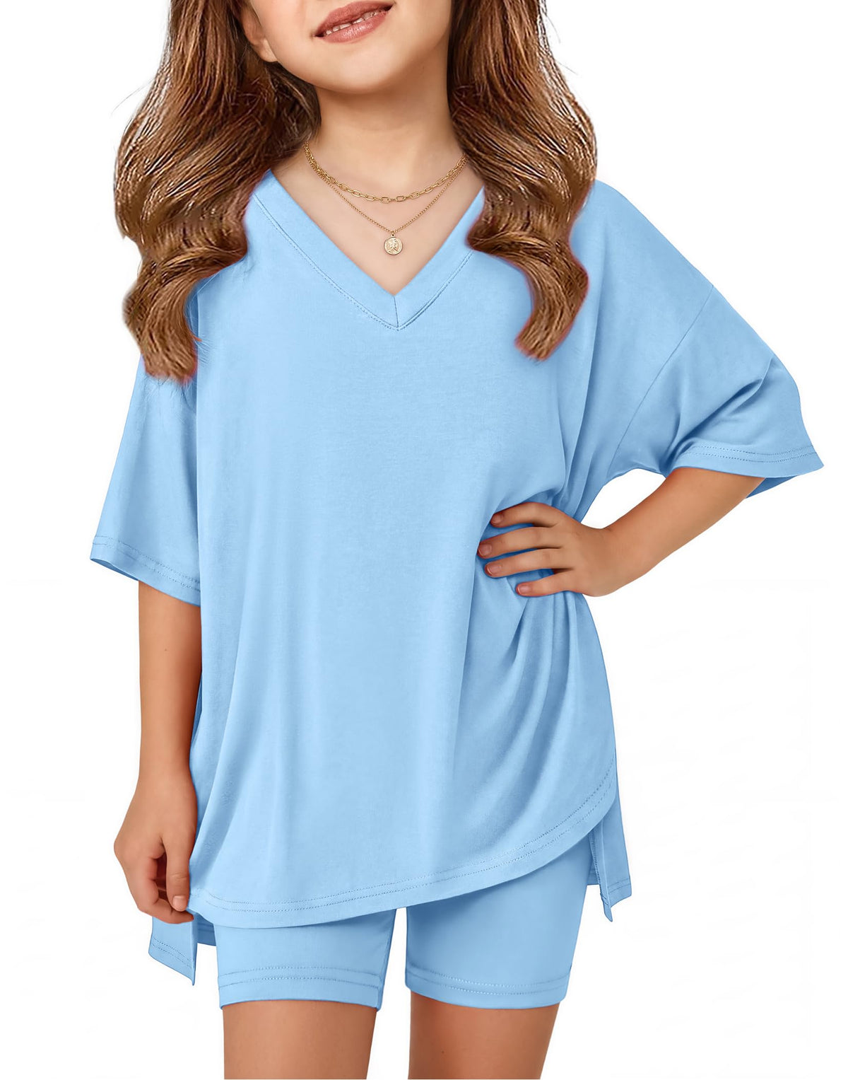 Arshiner Girls 2 Piece Summer Outfits Oversized V Neck Top Shorts Set