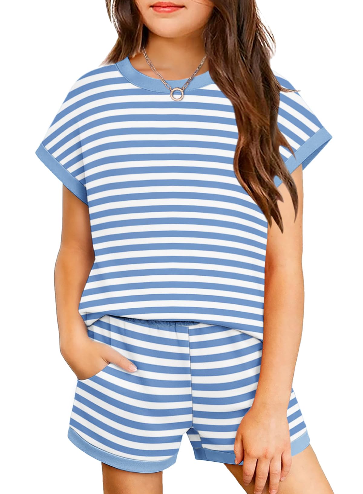 Arshiner Girls Summer 2 Piece Outfits Short Sleeve Shirts and Shorts Sets