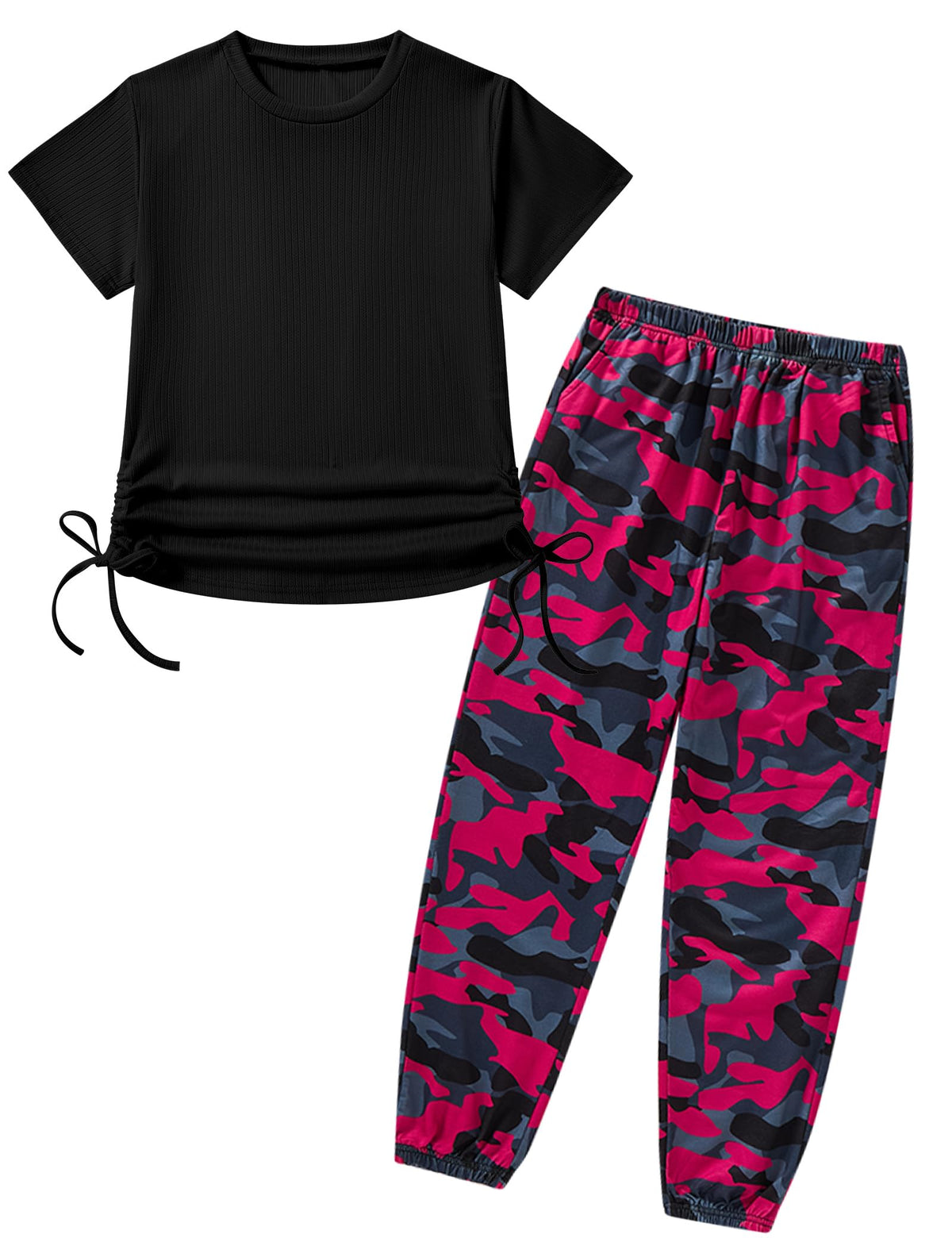 Girls Clothes Ruched Drawstring Short Sleeve Knit Top and Camo Print Pants 2 Piece Girls Outfits