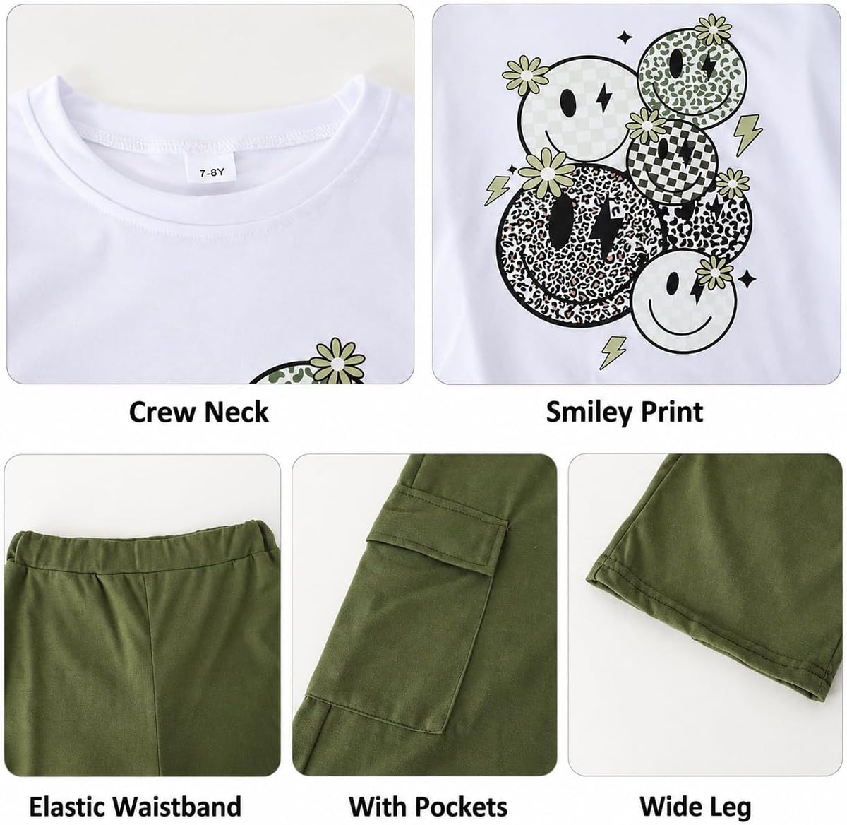 Girls Clothes 2 Piece Smiley Face Print T-Shirt Tops & Cargo Pants Spring Summer Outfits Tween Girls 7-14Y