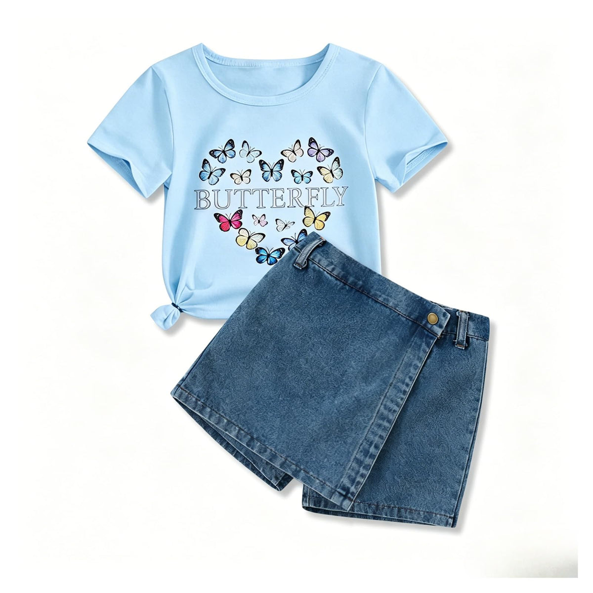 Girls Summer Clothes Butterfly Print Short Sleeve Tops and Denim Skirt Shorts Set Cute Outfits for Kids Girls 5-12Y