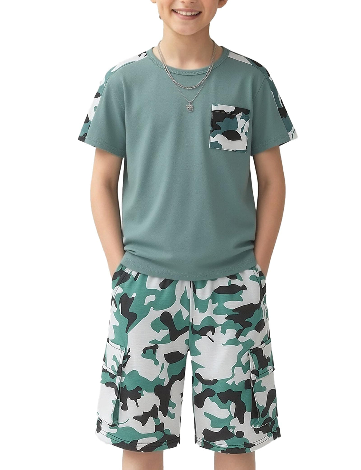 mksodopy Boys Summer Outfit Set 2 Piece T Shirt and Camo Shorts Casual Clothes for Little Big Boys