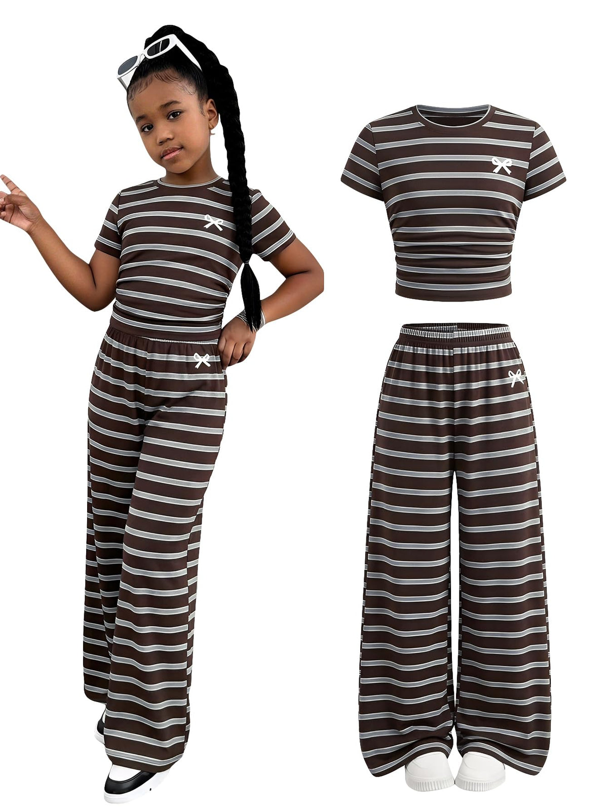 SOLY HUX Girl's Bow Print Short Sleeve T Shirt Pants Outfits