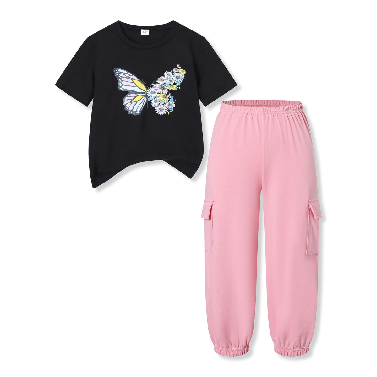 Ayzozuy Kid Girl Clothes Outfits Figure Letter Graphic Tee Top + Flap Pocket Pants 2PC Clothing Set