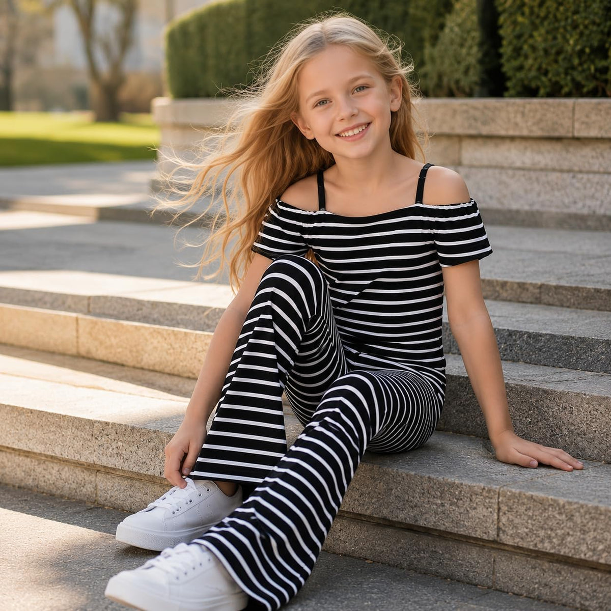 Girls 2 Piece Outfit Off Shoulder Fitted Striped Top & Flare Pants Set