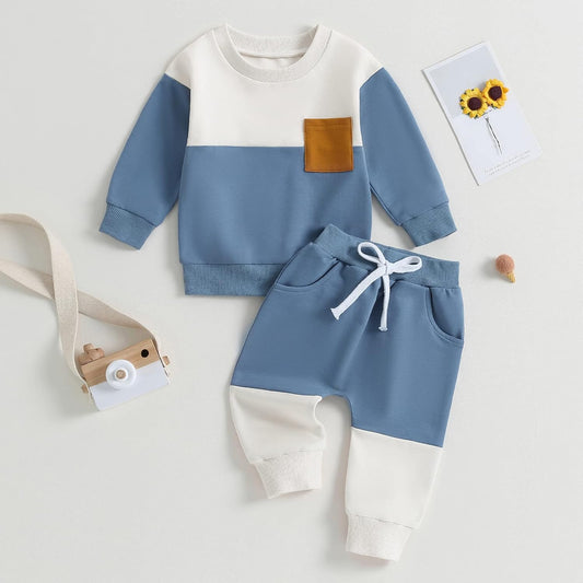 Toddler Baby Boy Fall Outfit Contrast Color Sweatshirt Tops with Elastic Waist Pants Cute Infant Newborn Winter Clothes