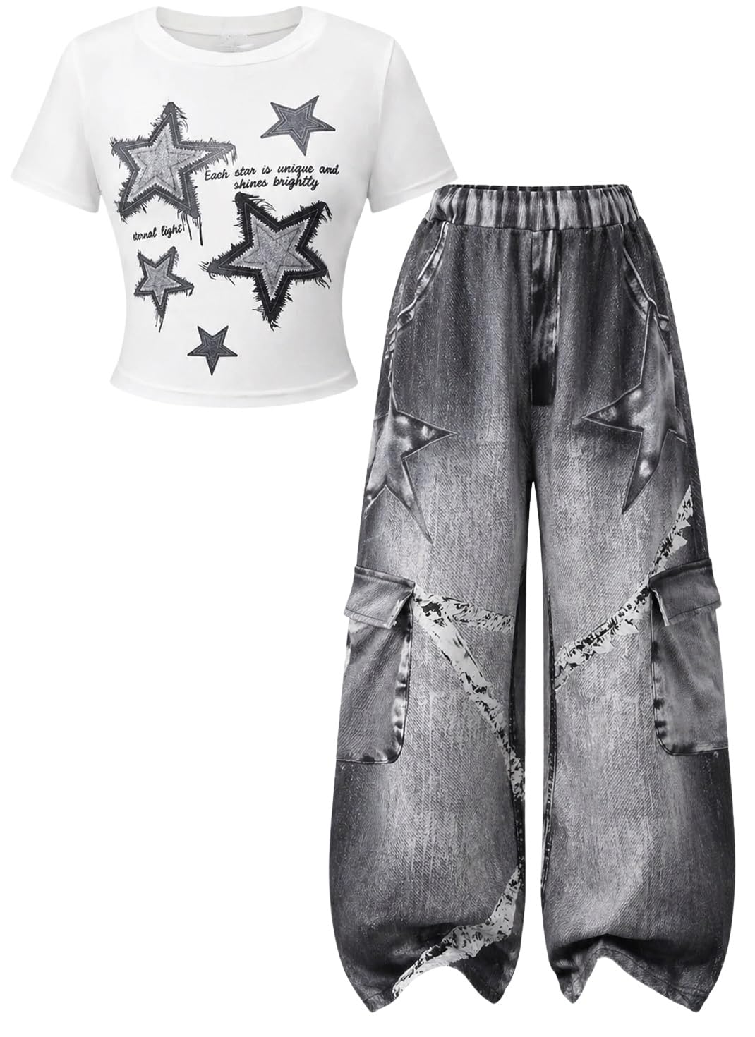 Girls Clothes 2 Piece Smiley Face Print T-Shirt Tops & Cargo Pants Spring Summer Outfits Tween Girls 7-14Y