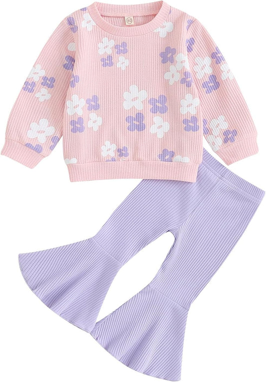 PUHHAPIEY Toddler Girl Clothes Floral Sweatshirt Flare Pants Set