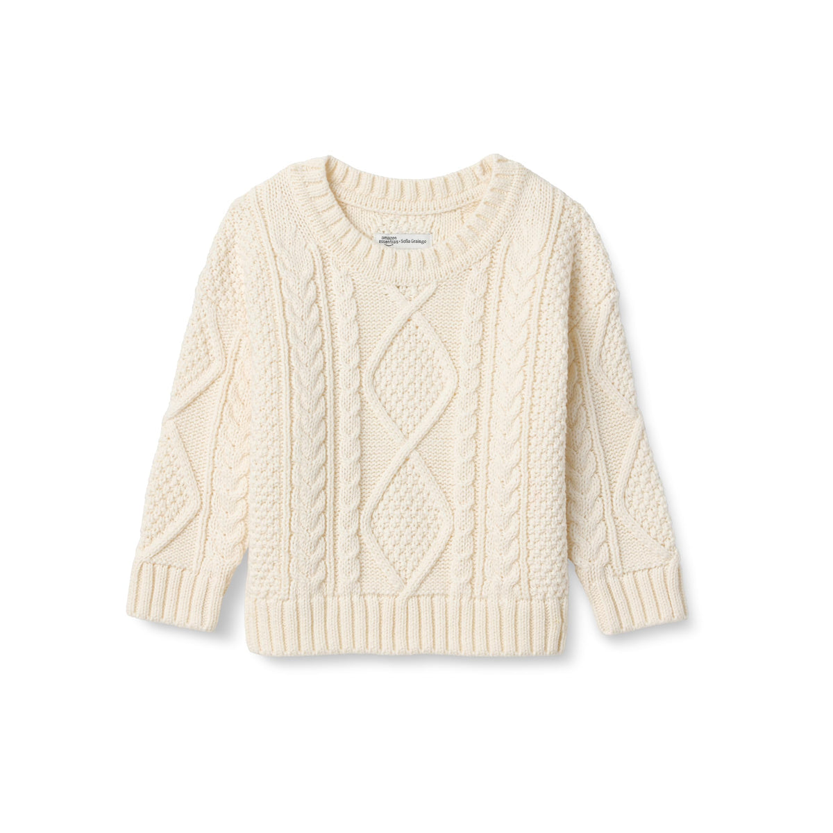 Amazon Essentials x Sofia Grainge Babies, Toddlers and Boys' Cotton Cable Design Crewneck Sweater with Ribbing