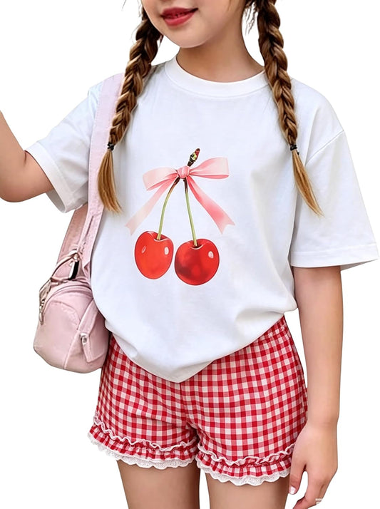 KIDLAGA Girls Shorts Sets 2 Pieces Outfits Bow/Cherry T-Shirt & Plaid Shorts Girls Summer Short Set 6-14Y