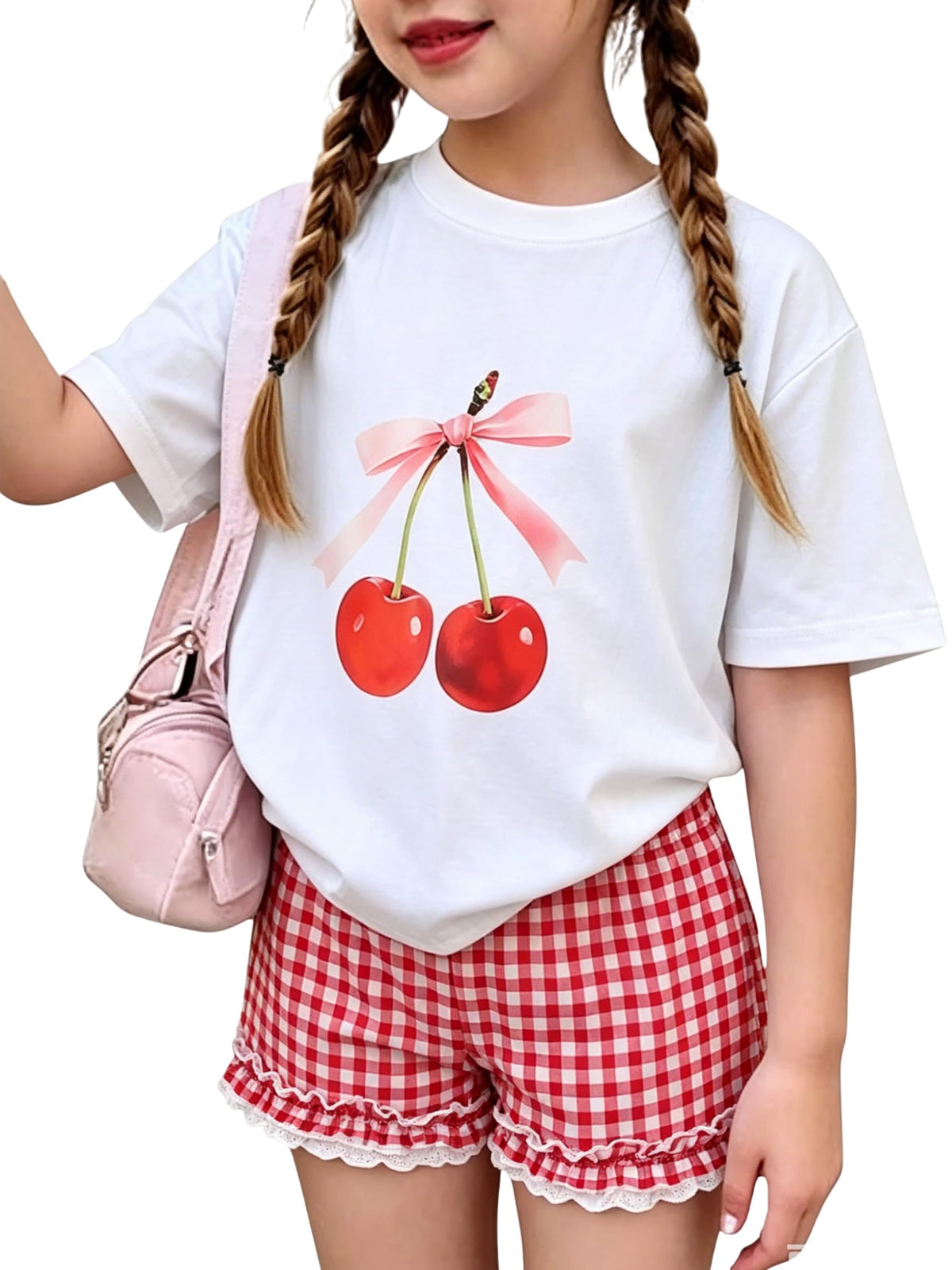 KIDLAGA Girls Shorts Sets 2 Pieces Outfits Bow/Cherry T-Shirt & Plaid Shorts Girls Summer Short Set 6-14Y