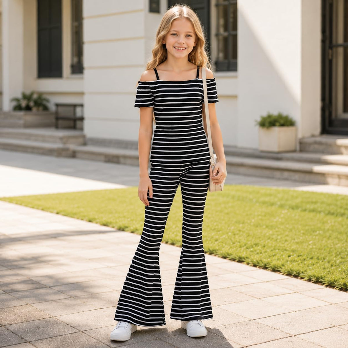 Girls 2 Piece Outfit Off Shoulder Fitted Striped Top & Flare Pants Set