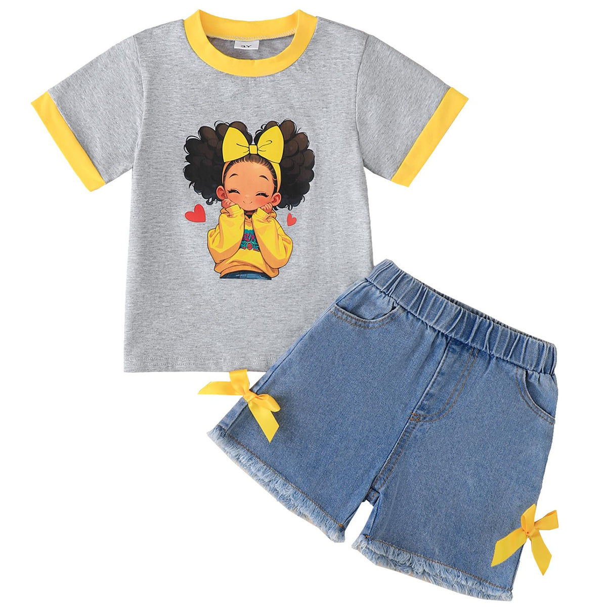 Jecson Toddler Girl Clothes Summer Cotton Print T-Shirt and Jeans Shorts Set Casual Girls 2 Piece Outfits Sets 2T-8Y