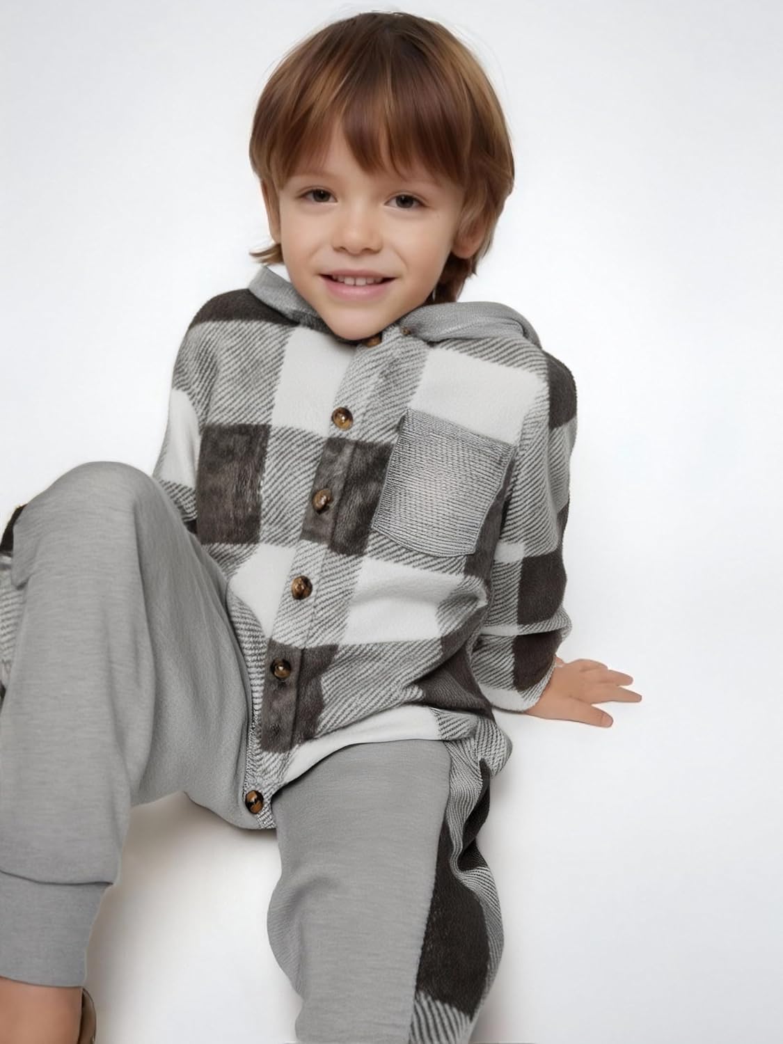 Azmxynol Boys Clothes Plaid Hooded Shirt 2pcs Outfit, Button Front Toddler Fall Winter Hoodie & Sweatpants Set, 4-8 years