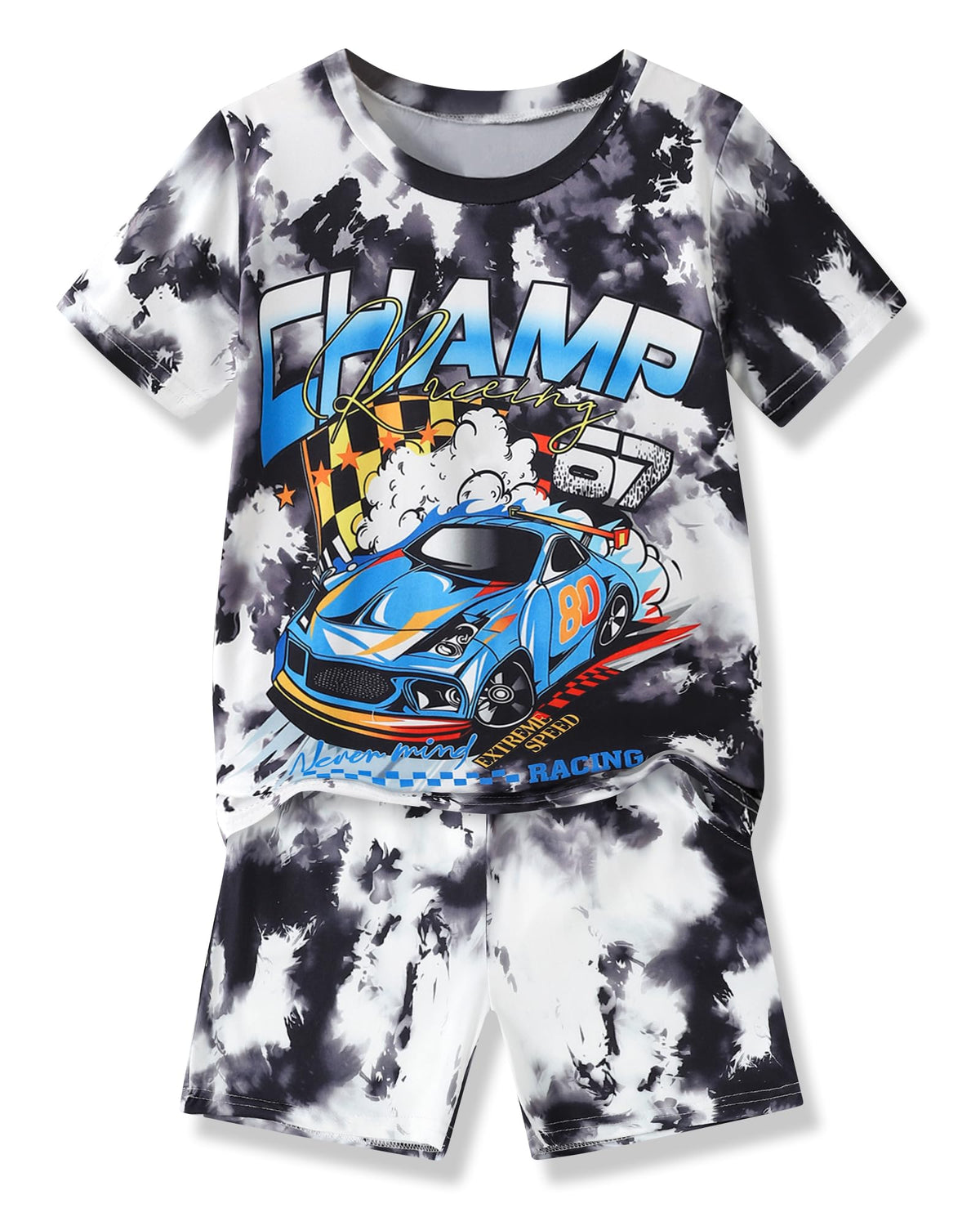 Boys Clothes 2-Piece Summer Outfit 3D Car Print Tie-Dye T-Shirt & Elastic Waist Shorts for Kids Clothing Set 5-11Y