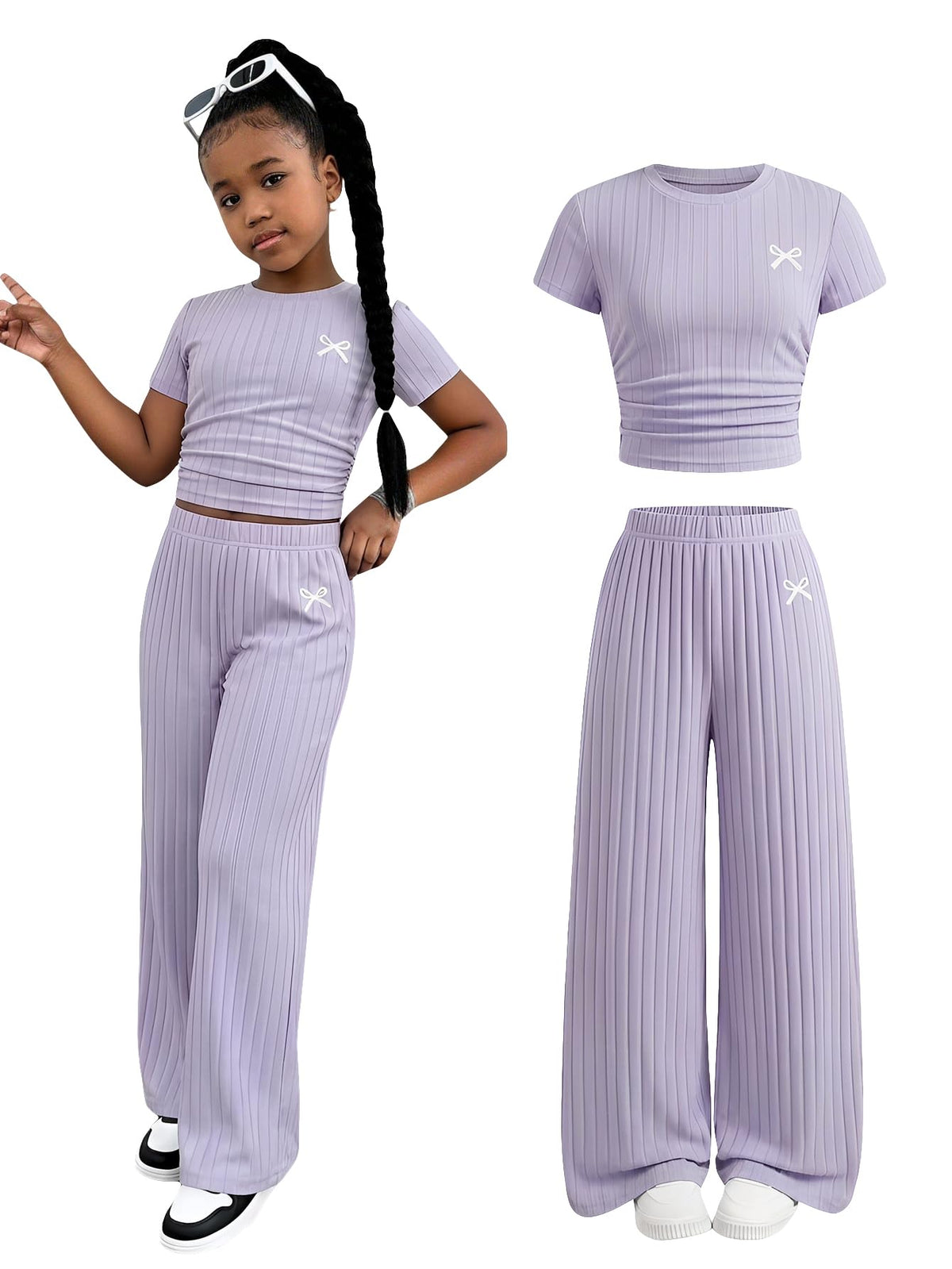 SOLY HUX Girl's Bow Print Short Sleeve T Shirt Pants Outfits