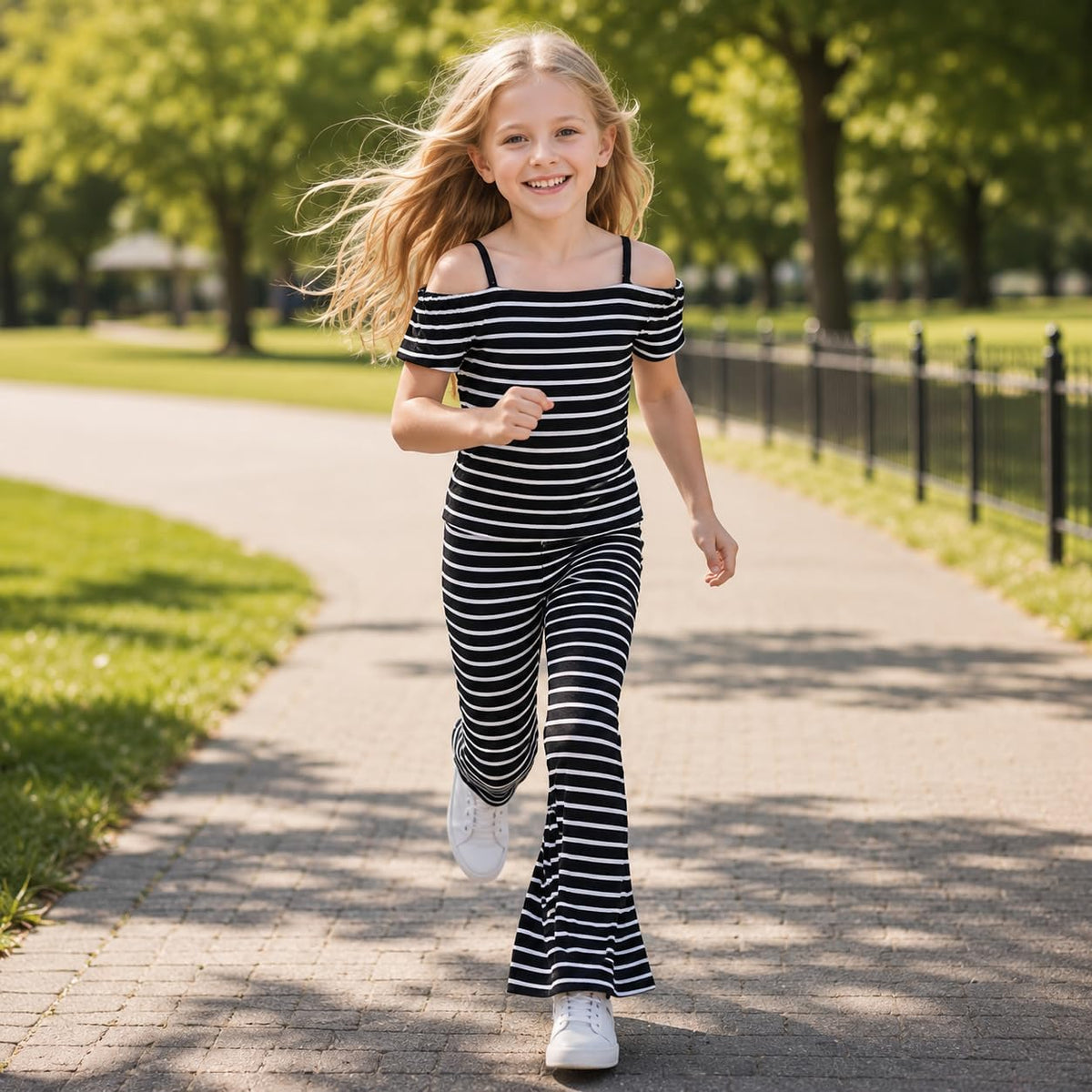 Girls 2 Piece Outfit Off Shoulder Fitted Striped Top & Flare Pants Set