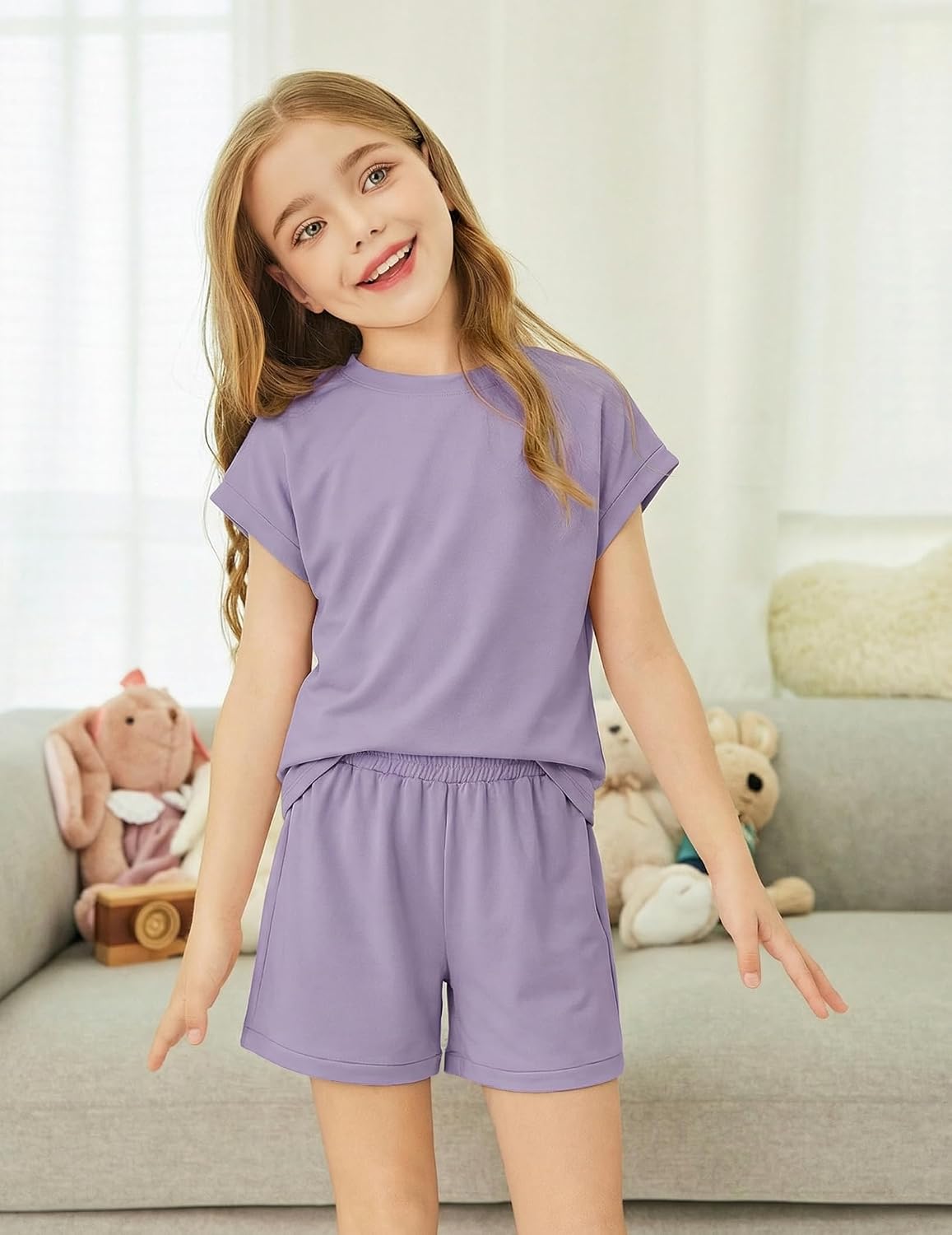 Arshiner Girls Summer 2 Piece Outfits Short Sleeve Shirts and Shorts Sets
