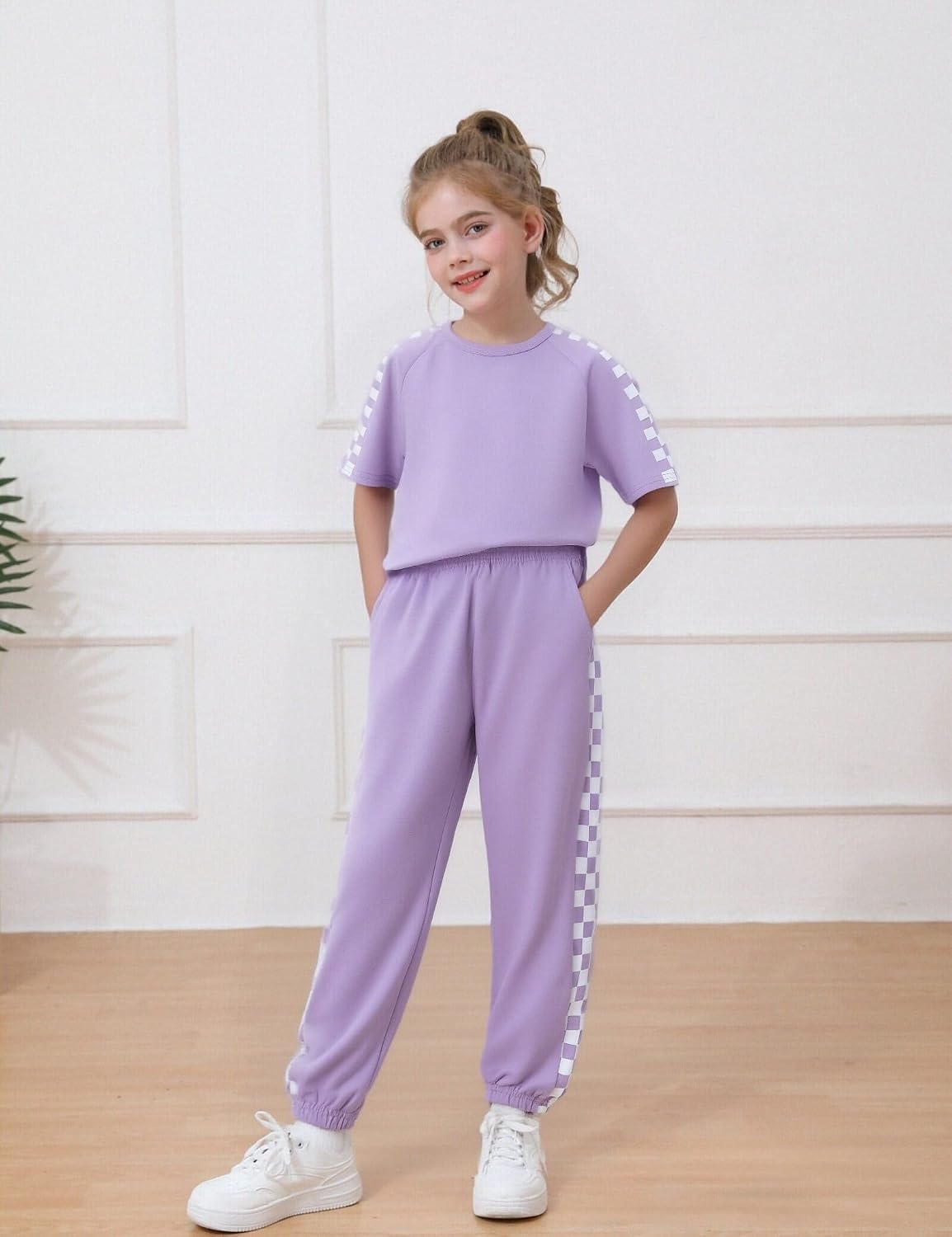 Girls Clothes Outfits Set Checkerboard 2PC Tracksuit Short Sleeve Raglan Tee and Joggers Pants for 4-16Y
