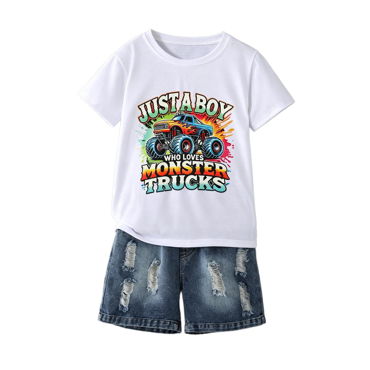 Boys Clothes 2-Piece Summer Outfit 3D Car Print Tie-Dye T-Shirt & Elastic Waist Shorts for Kids Clothing Set 5-11Y
