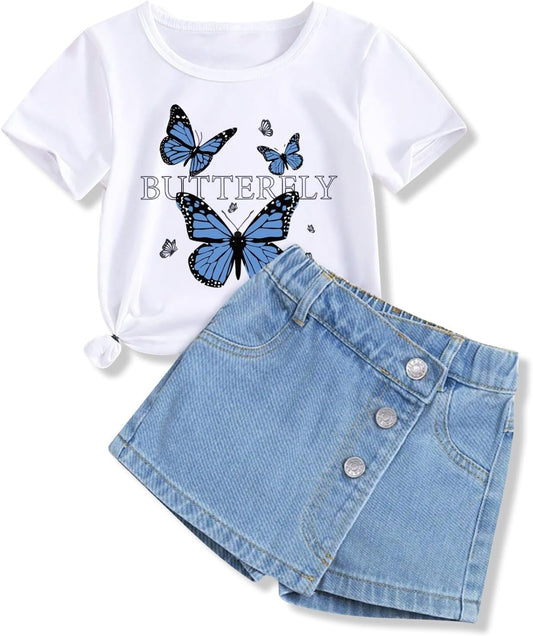 Girls Clothes 2PCS Butterfly Print Short Sleeve T-Shirt Denim Skirt Shorts Set Teen Tween Girls Summer Outfits Set