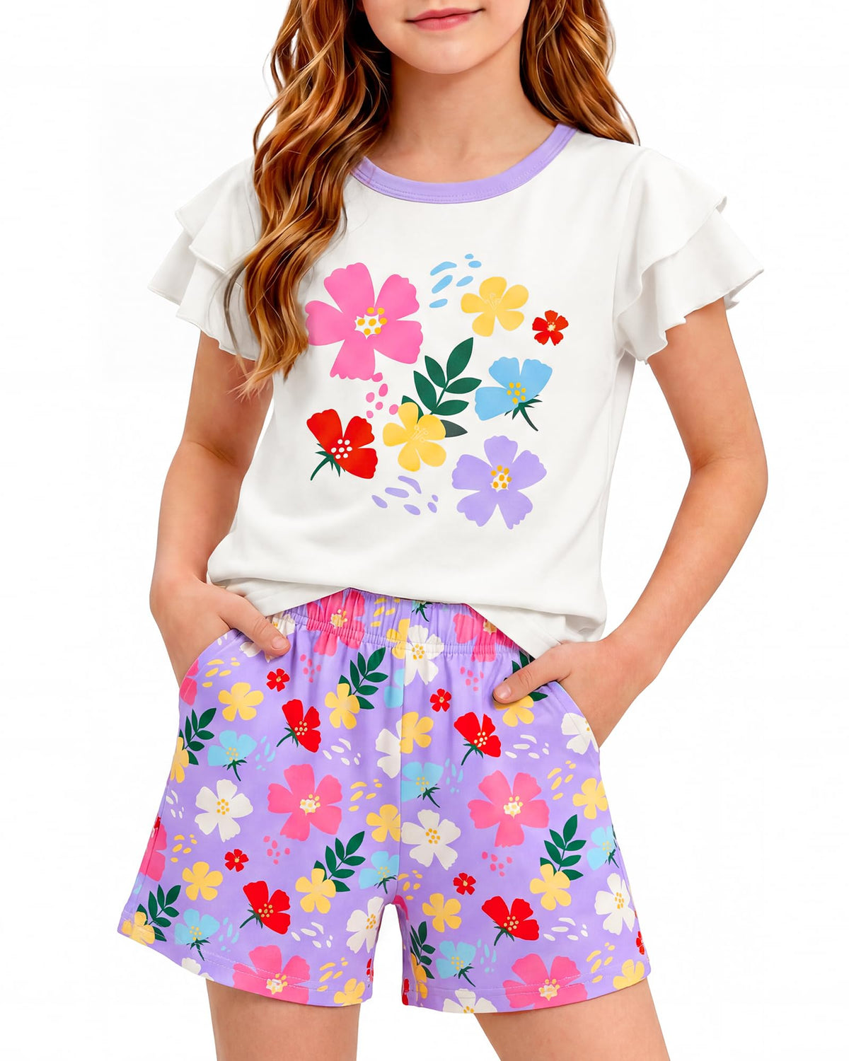 Girls Summer Outfits 2 Piece Clothes Kids Ruffle Short Sleeve T Shirt and Elastic Waist Shorts Sets with Pockets