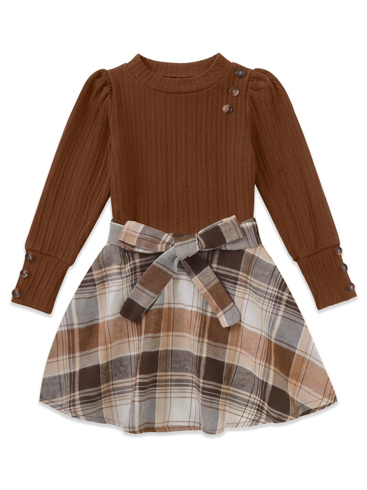 AMAWMW Girls Skirt Sets Fall Outfits Puff Sleeve Crewneck Ribbed Knit Tops and Plaid Skirt Set Kids Fall Winter Clothes