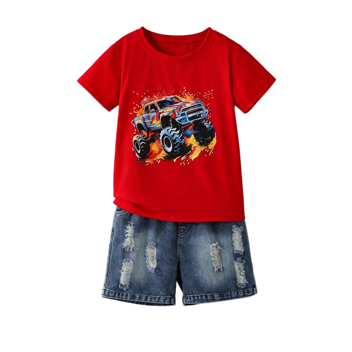 Boys Clothes 2-Piece Summer Outfit 3D Car Print Tie-Dye T-Shirt & Elastic Waist Shorts for Kids Clothing Set 5-11Y