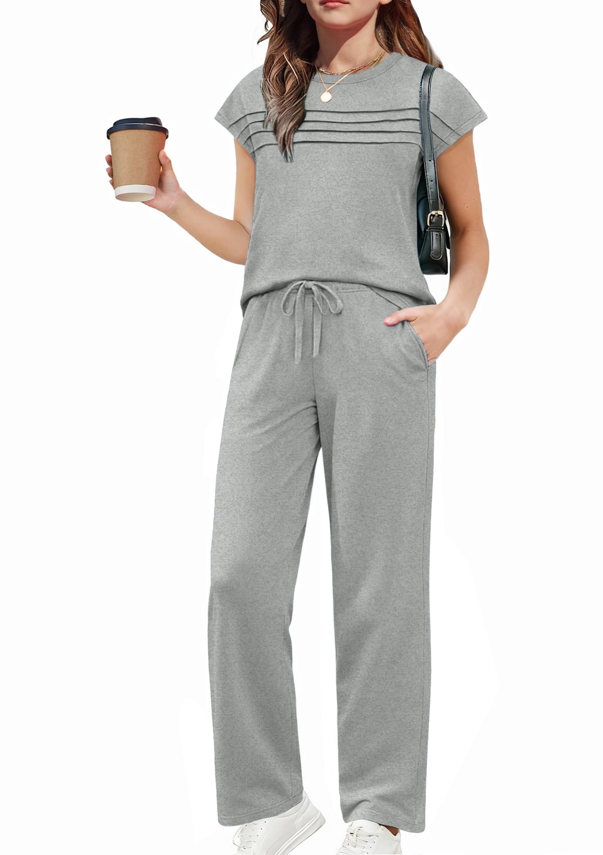 Arshiner Girls 2 Piece Outfits Short Sleeve Crewneck Tops Wide Leg Pant Set
