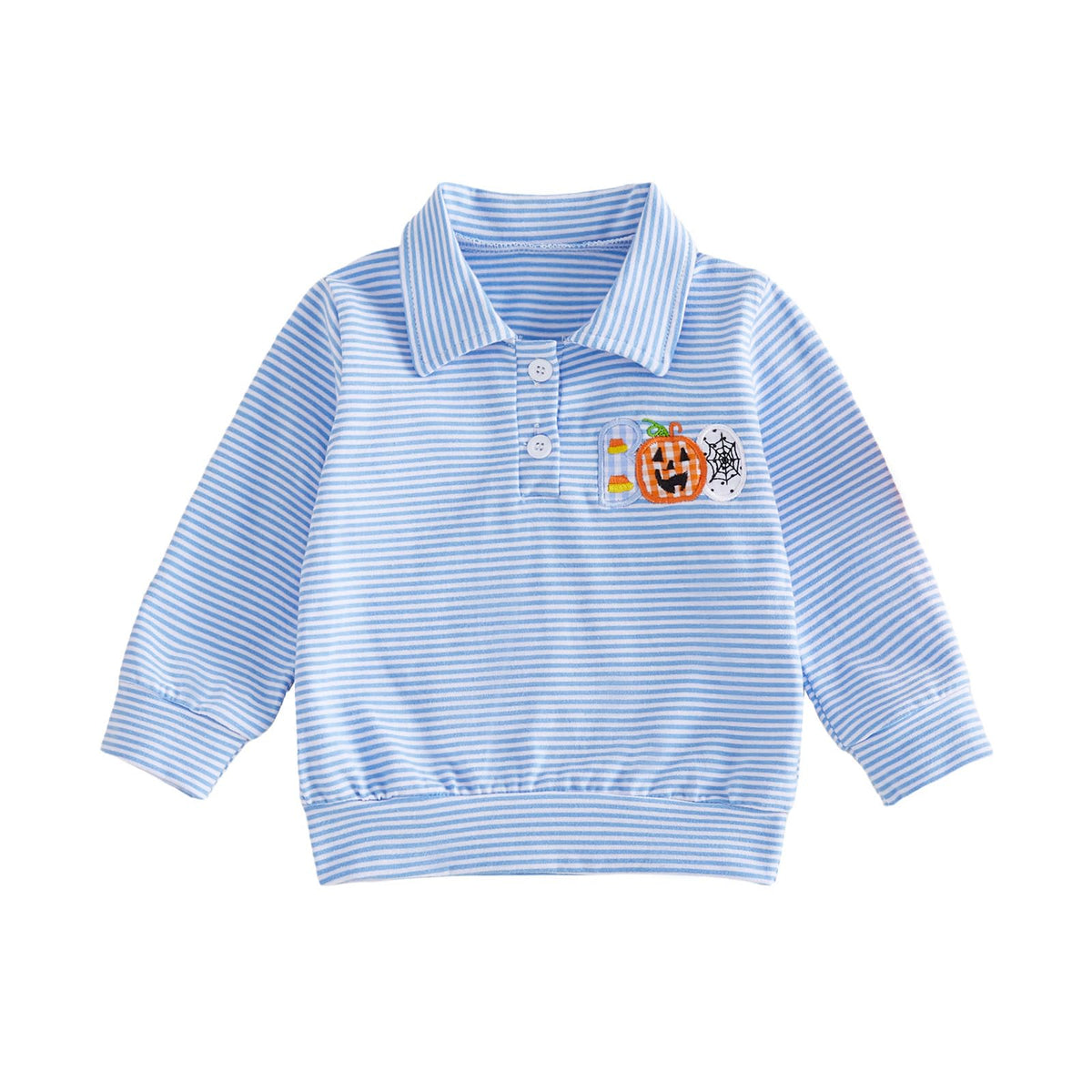 Toddler Baby Boy Halloween Outfit Pumpkin Embroidery Waffle Striped Long Sleeve Polo Shirt Button Up Pullover Top