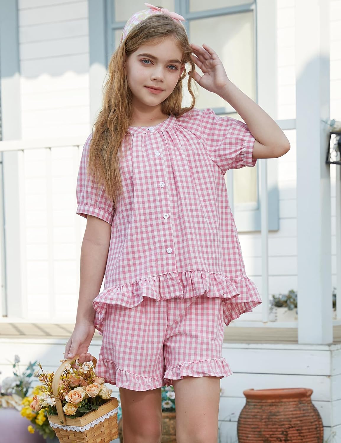 Flygo Girls Cotton Gingham Sets Cute Summer Outfits Shorts Set 5-14 Years
