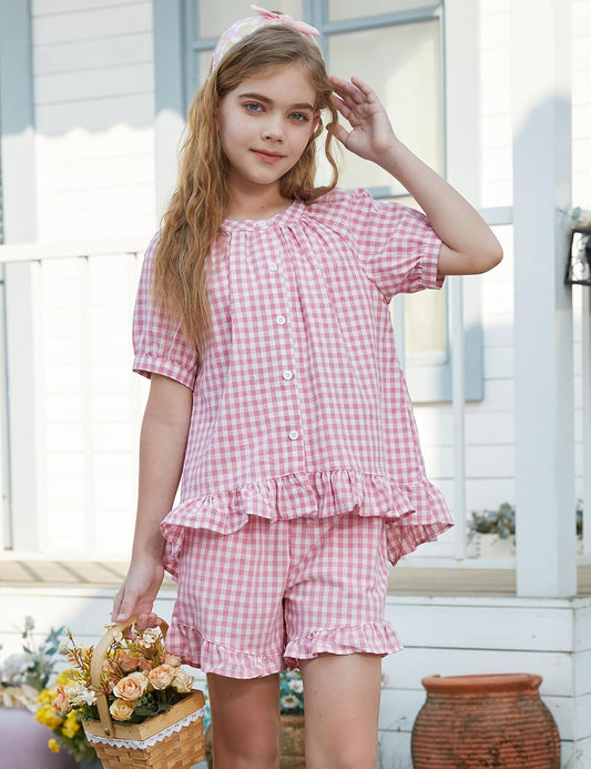 Flygo Girls Cotton Gingham Sets Cute Summer Outfits Shorts Set 5-14 Years