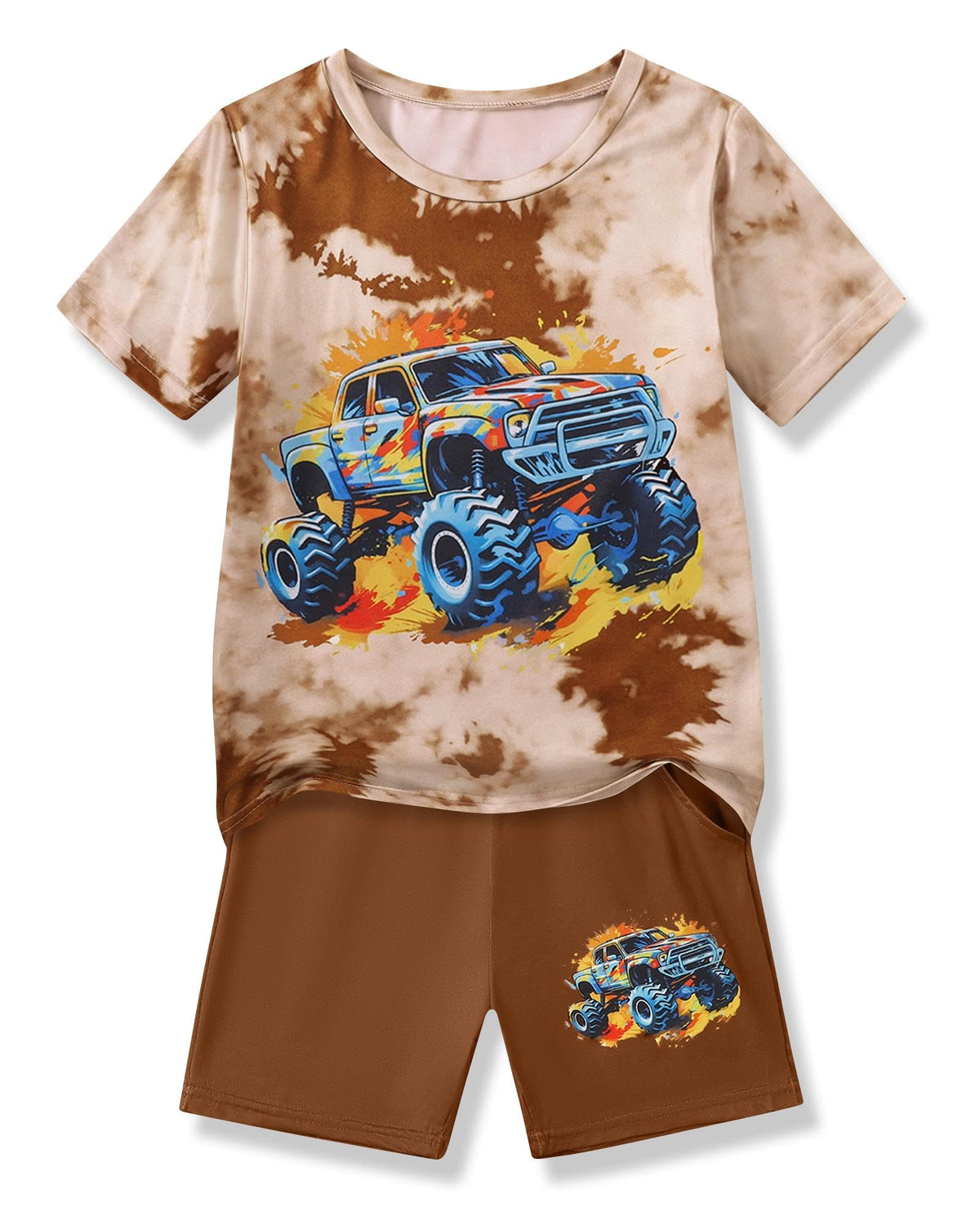Boys Clothes 2-Piece Summer Outfit 3D Car Print Tie-Dye T-Shirt & Elastic Waist Shorts for Kids Clothing Set 5-11Y