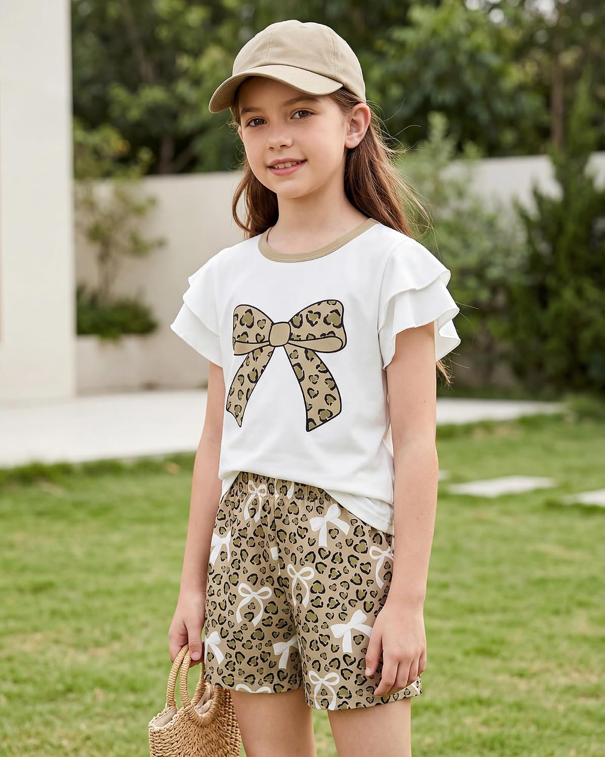 Girls Summer Outfits 2 Piece Clothes Kids Ruffle Short Sleeve T Shirt and Elastic Waist Shorts Sets with Pockets