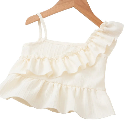 Girls' Summer New Ruffle Strap Wide Leg Pants Set, Sleeveless Top with Multi-Layer Ruffles, Solid Color, Sweet Casual Style, Ages 3-8, Clothes Kids