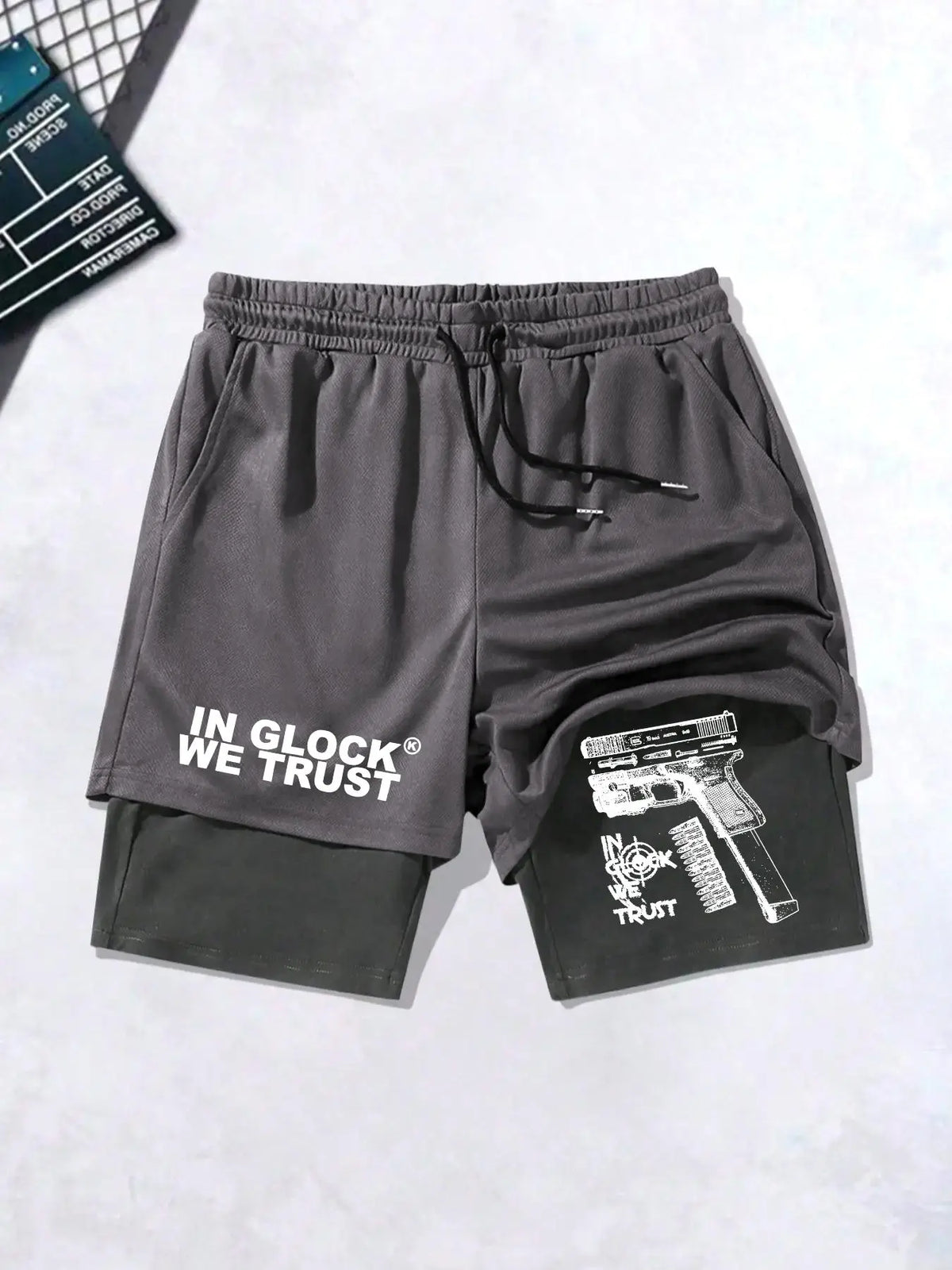 Men's Regular Fit Hand & Gun Print 2 in 1 Drawstring Waist Shorts, Casual Pocket Track Shorts for Summer, Fashion Men's Bottoms for Daily Wear, Drawstring Waistband Shorts