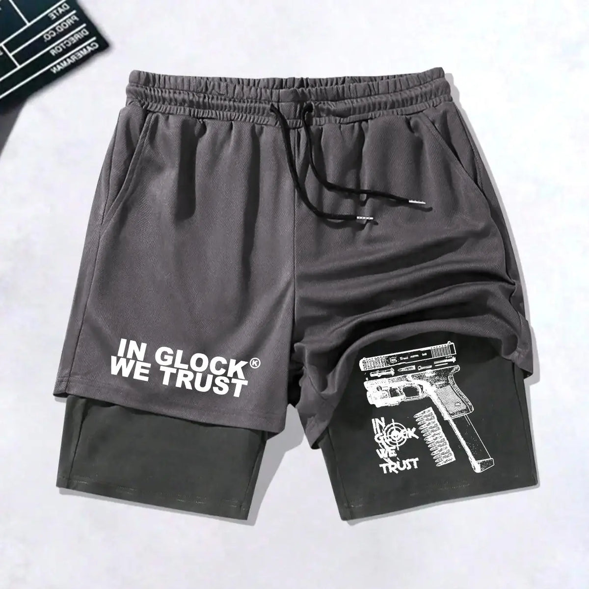 Men's Regular Fit Hand & Gun Print 2 in 1 Drawstring Waist Shorts, Casual Pocket Track Shorts for Summer, Fashion Men's Bottoms for Daily Wear, Drawstring Waistband Shorts