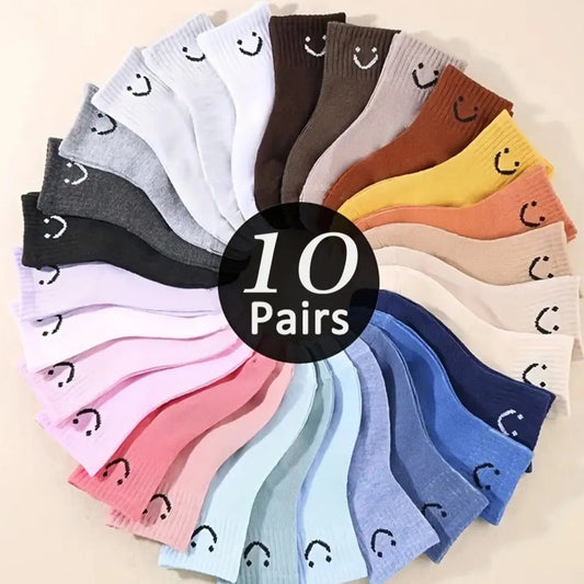 10 pairs plain-color cartoon smile patterned ankle-length socks, breathable, comfortable, casual and sporty style, suitable for boys and girls daily, Casual Stylish Socks Set, Casual Comfy Socks