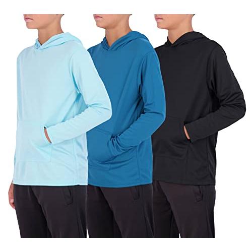 Real Essentials 3 Pack: Youth Mesh Long Sleeve Pullover Hoodie Active Sweatshirt - Kangaroo Pocket - Boys & Girls